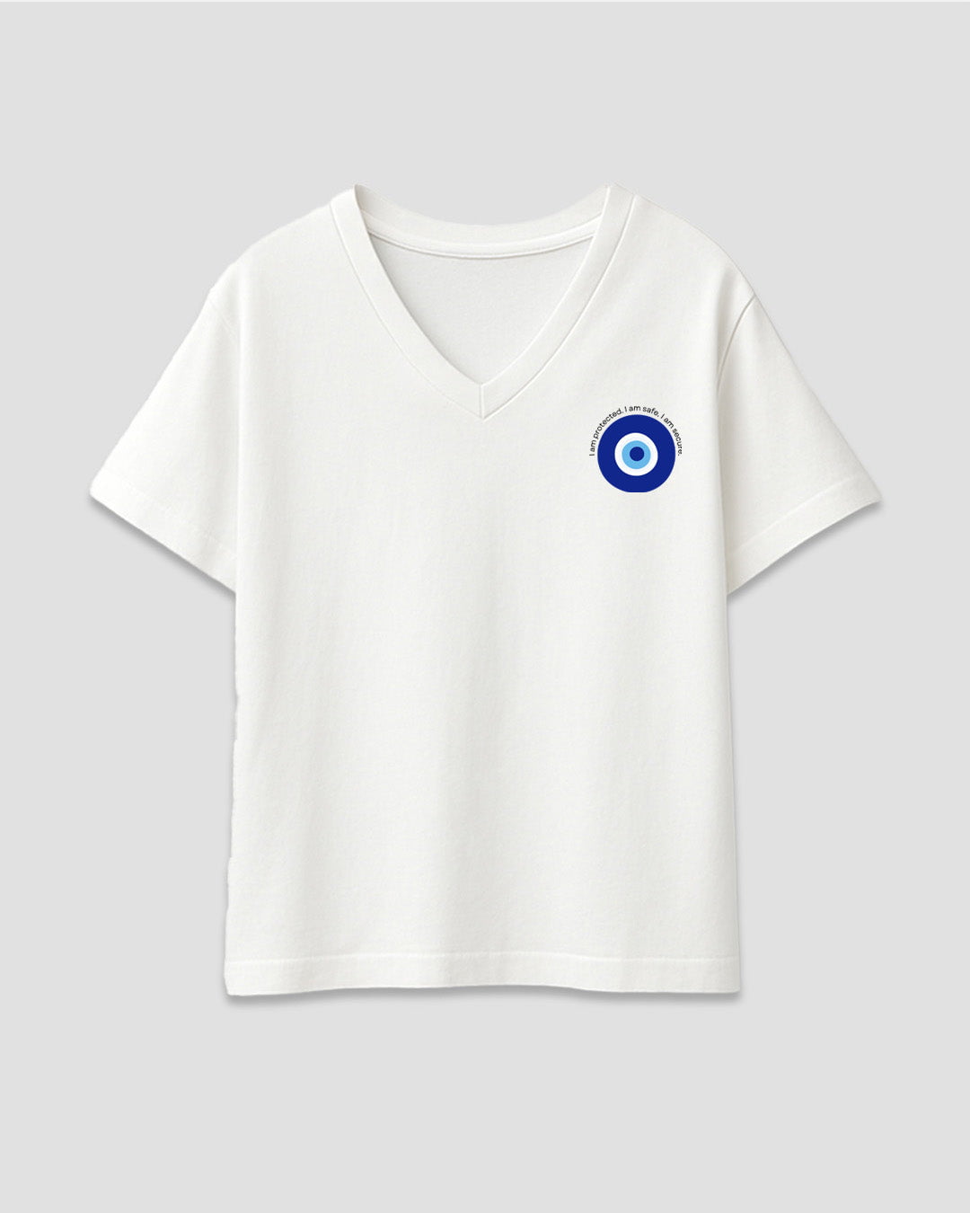 Nazar Battu V-Neck Oversize T-Shirt – white oversized V-neck tee with a blue circular DKY logo on the chest, flat lay
