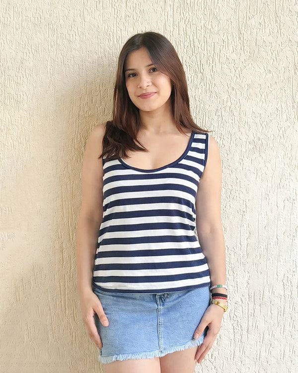 NB Sleeveless Scoop Neck T-Shirt - navy and white striped scoop-neck top worn by model, DKY wardrobe staple