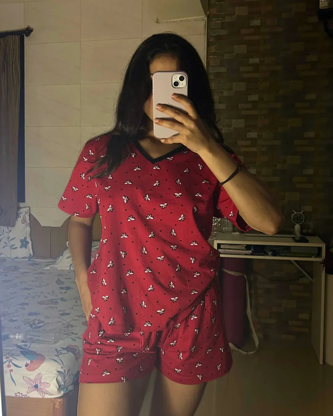 Red Butterfly Cotton Shorts Set