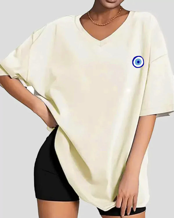 No Bad Vibes Offwhite V-Neck Oversized T-Shirt