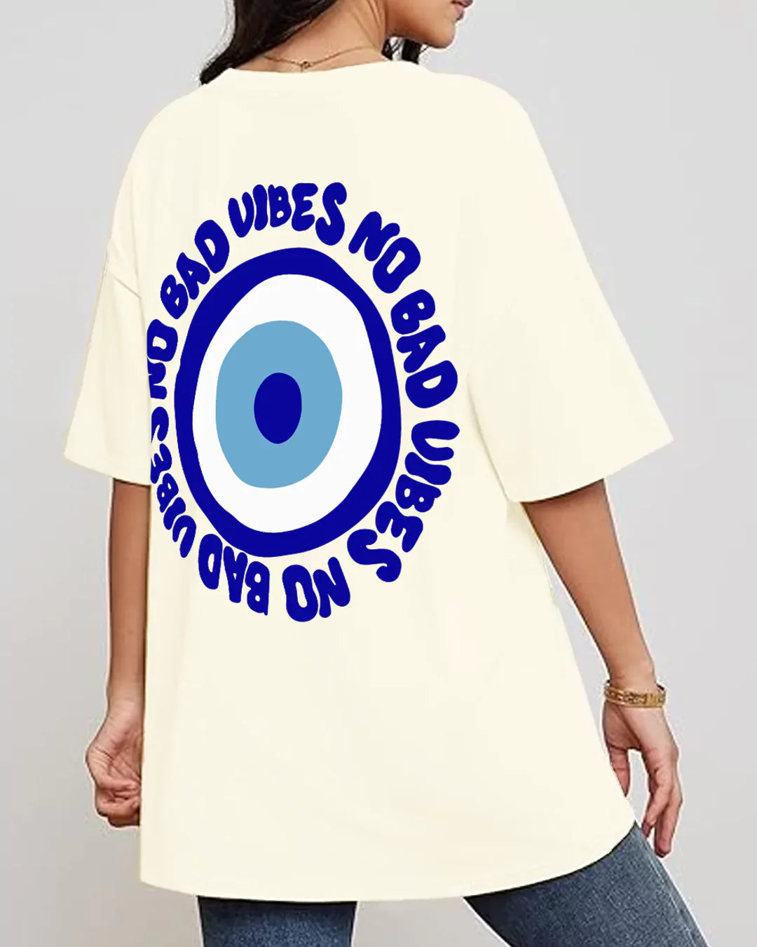 No Bad Vibes Offwhite V-Neck Oversized T-Shirt