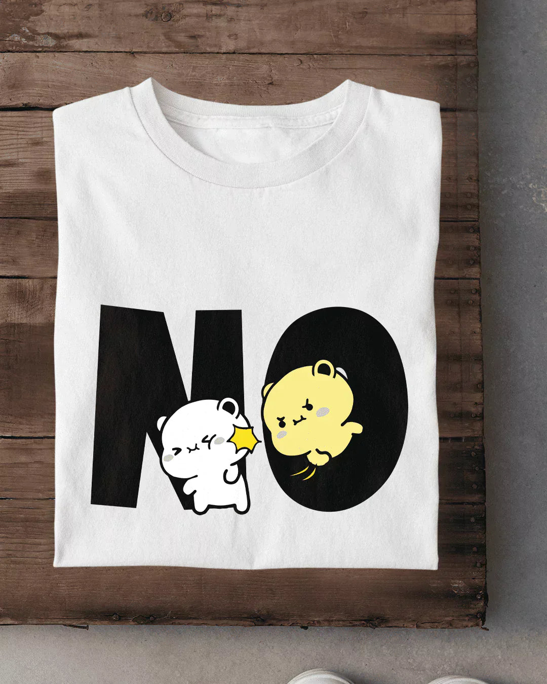 No T-Shirt – white Regular Tee Graphic with bold black NO letters and cute white and yellow bears design