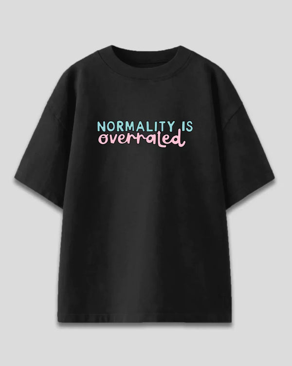 Normality Is Overrated Oversized T-Shirt – black DKY tee with blue and pink graphic text