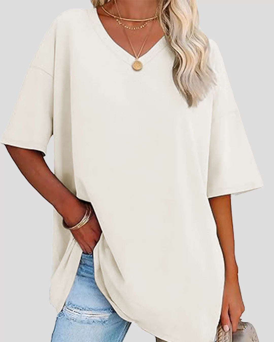 Pearl Plain V-Neck Oversized T-Shirt