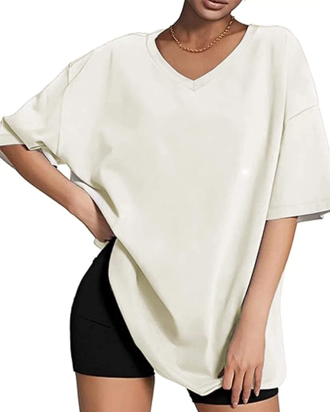 Pearl Plain V-Neck Oversized T-Shirt