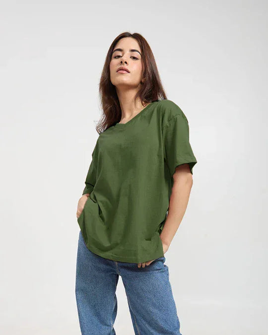 Olive Green Plain V-Neck Oversize T-Shirt – oversized loose V-neck tee worn by model