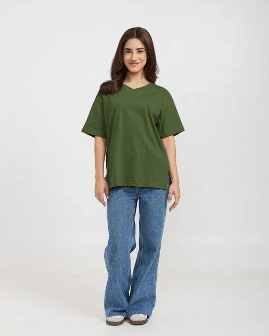 Olive Green Plain V-Neck Oversize T-Shirt – DKY, oversized V-neck tee worn by model