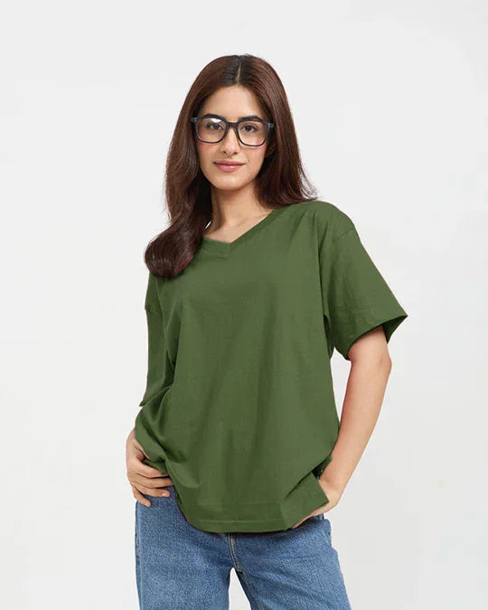 Olive Green Plain V-Neck Oversize T-Shirt for Women Online In India | DKY