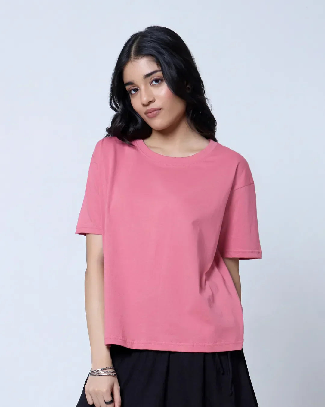 Onion Plain Boxy Oversize T-Shirt - pink, boxy fit, plain design, worn by model
