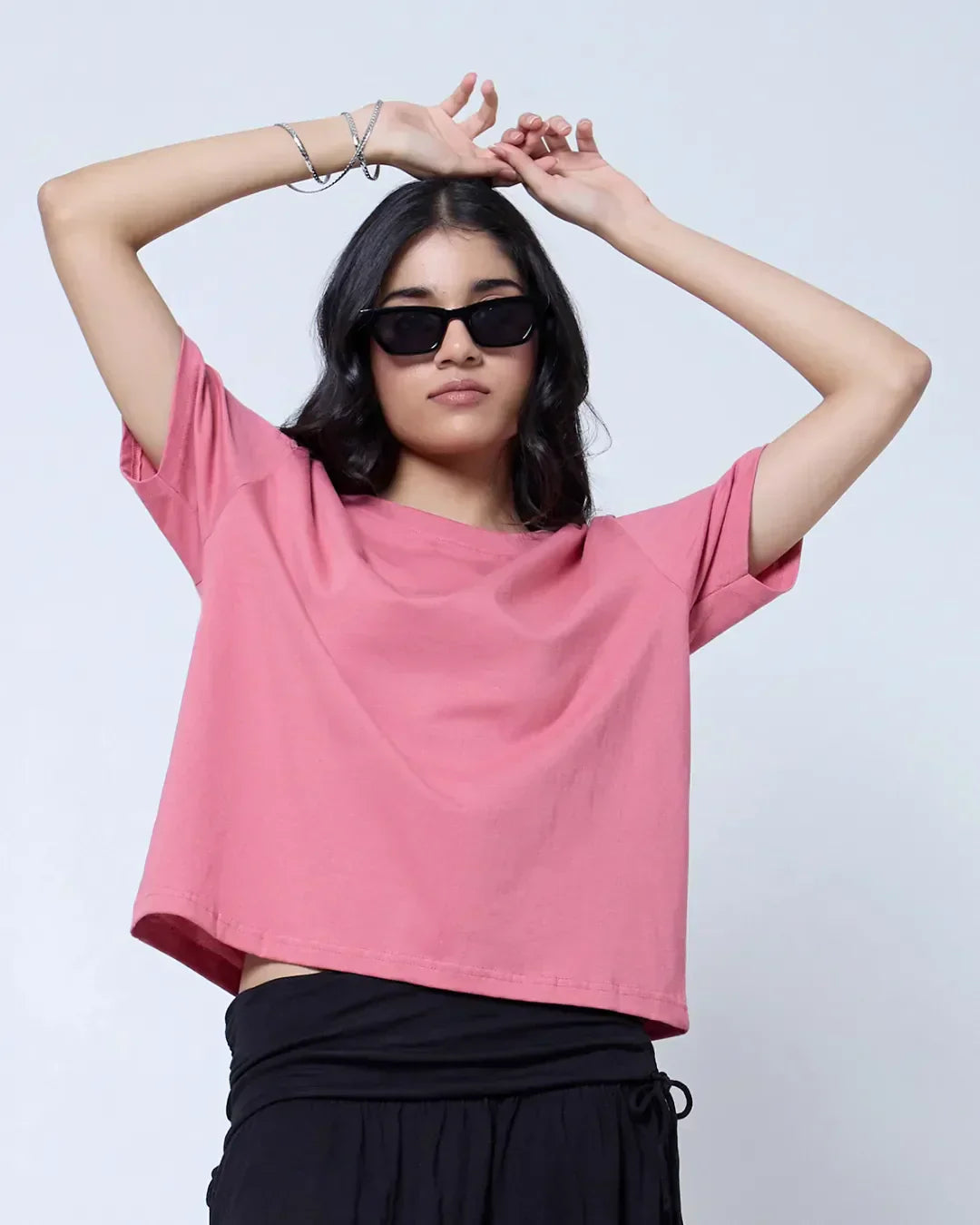 Onion Plain Boxy Oversize T-Shirt – pink, boxy oversize fit, plain tee worn by model with sunglasses