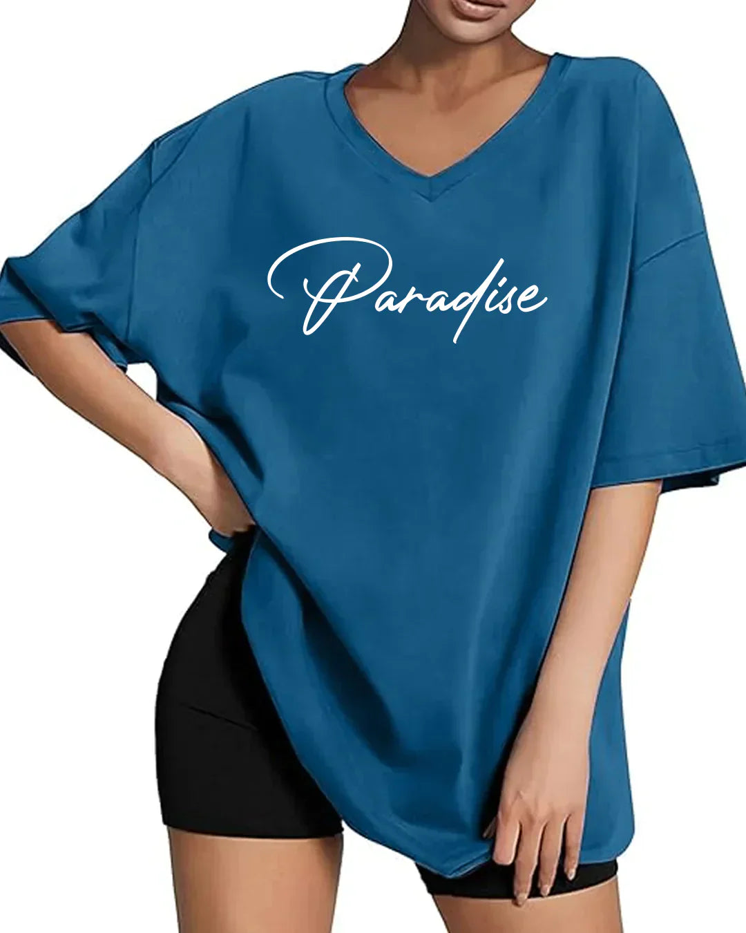 Paradise Casio V-Neck Oversize T-Shirt - teal blue oversized tee with white Paradise script, worn by model