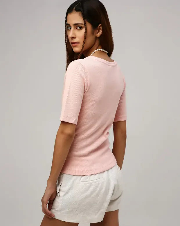 Peach V-Neck Ribbed Top - Shop Printed T shirt for Women Online In India | LoveDky