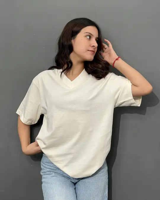 Pearl Plain V-Neck Oversize T-Shirt - Shop Printed T shirt for Women Online In India | LoveDky