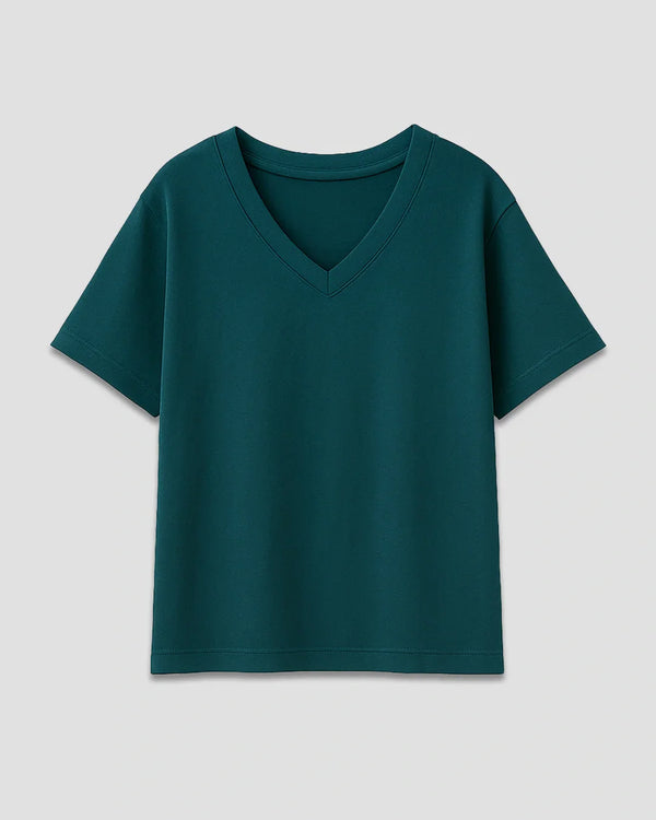 Petrol Blue Plain V-Neck Oversize T-Shirt for Women Online In India | DKY