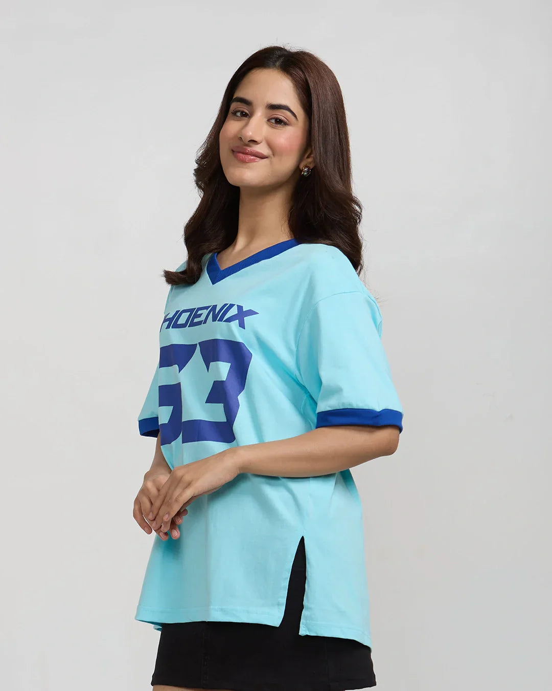 Phoenix Tap-Out V-Neck Oversize T-Shirt - light blue oversized tee with dark blue PHOENIX 23 graphic, worn by model
