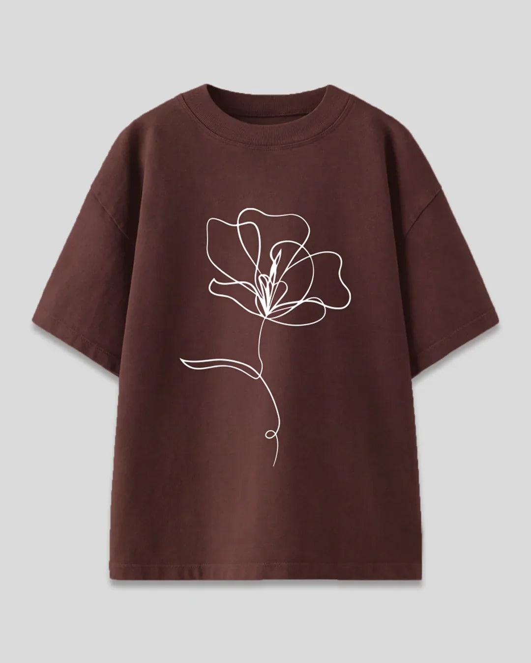 Phool Oversized T-Shirt – brown OS Minimal tee with a white line-drawn flower on the front, flat lay