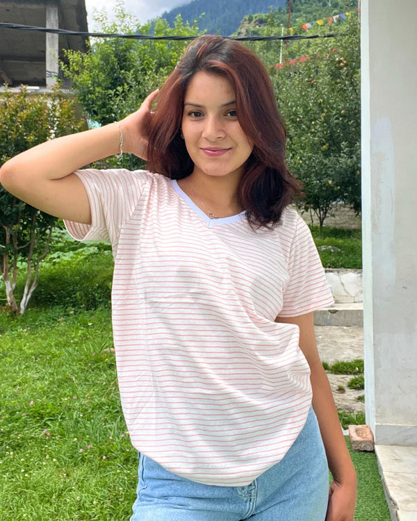 Pinky Stripe V-Neck T-Shirt for Women Online In India | DKY