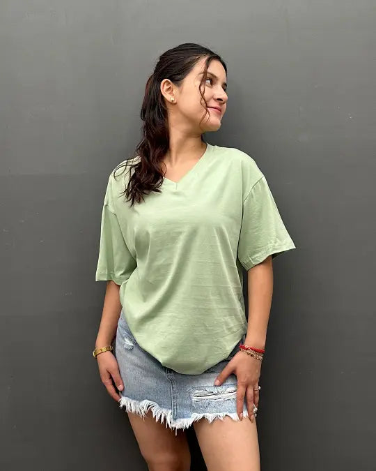 RB Pista Plain V-Neck Oversize T-Shirt in mint green, 100% Pure fabric.