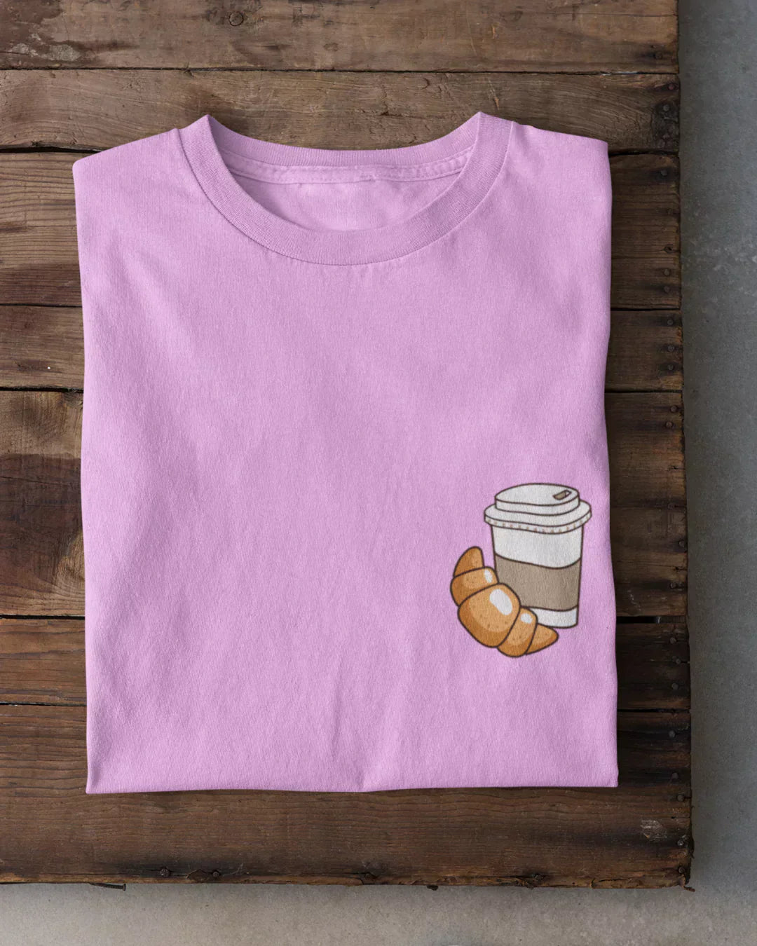 Pocket Coffee Croissants T-Shirt pink DKY regular tee with coffee cup and croissant graphic, flat lay