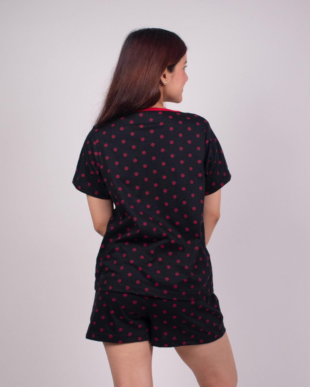 Polka Dots Cotton Shorts Set by DKY - black with red polka dots, relaxed-fit top and shorts worn by model