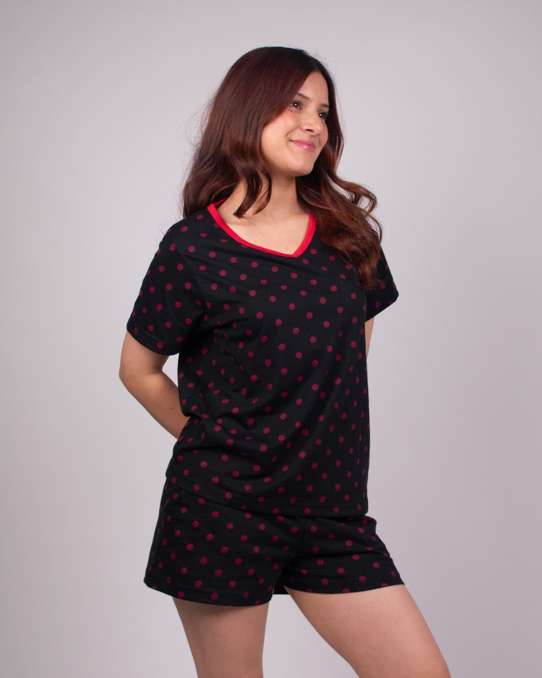 Polka Dots Cotton Shorts Set - black with red polka dots, relaxed top and shorts, worn by model