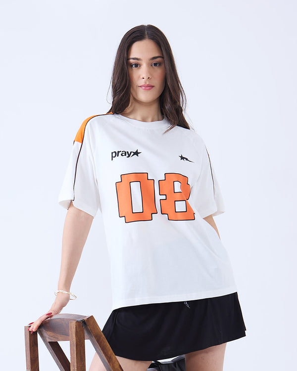 Pray Downtown Oversize T-Shirt - white oversized raglan tee with bold orange 08 graphic, worn by model