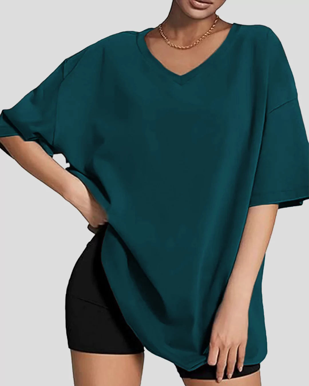 Petrol Blue Plain V-Neck Oversized T-Shirt