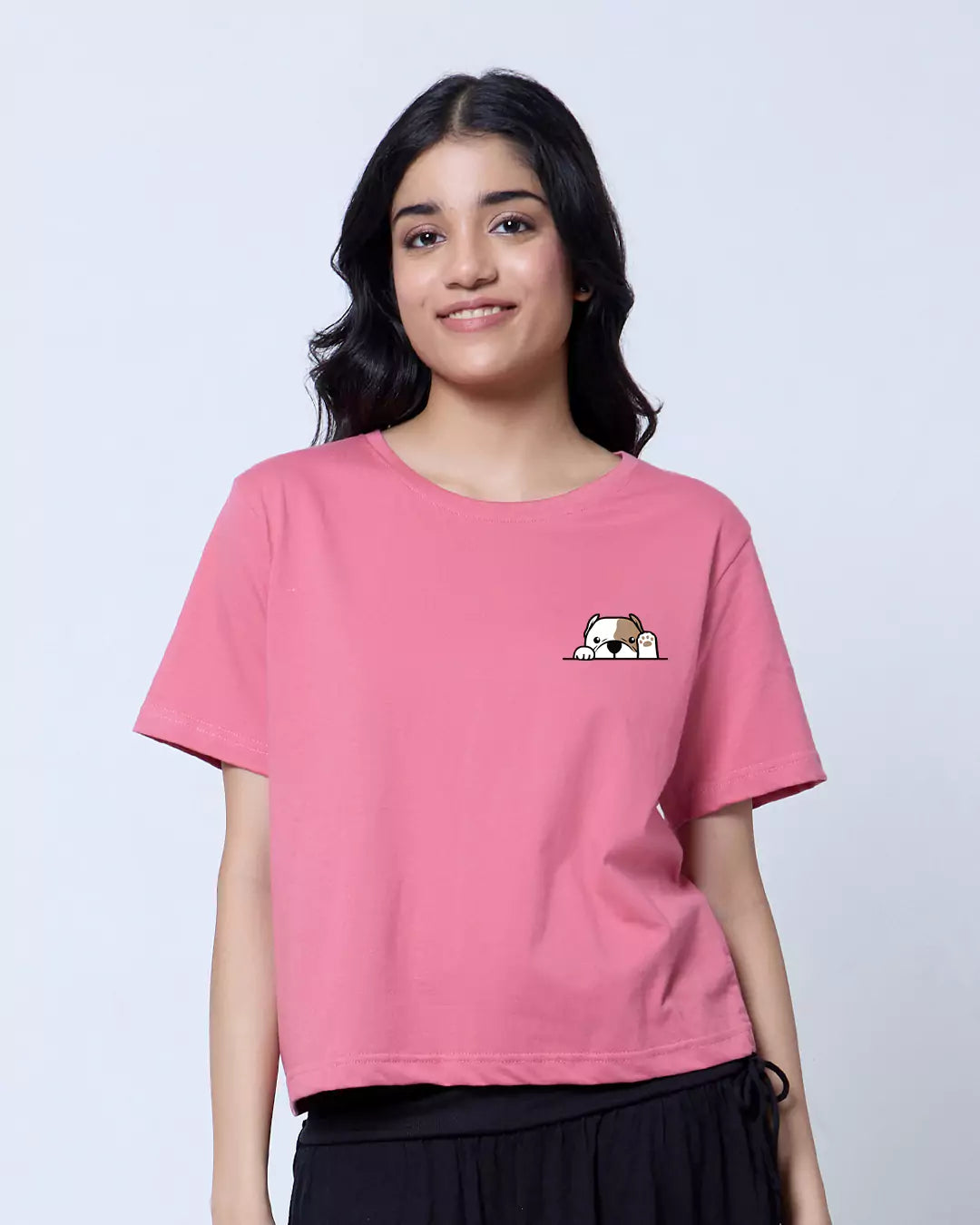 Puppy Onion Boxy T-Shirt – pink boxy OS pocket tee with a puppy peeking from the chest pocket, worn by model
