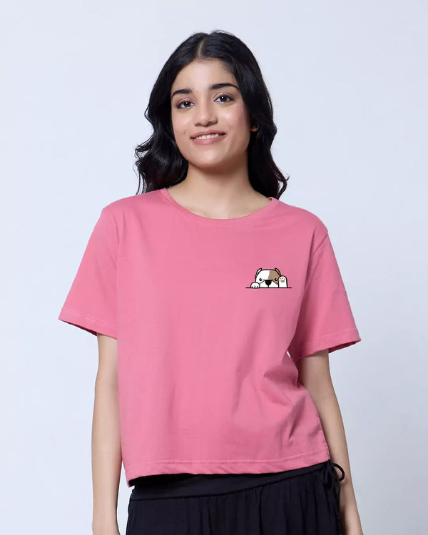 Puppy Onion Boxy T-Shirt – pink boxy OS pocket tee with a puppy peeking from the chest pocket, worn by model