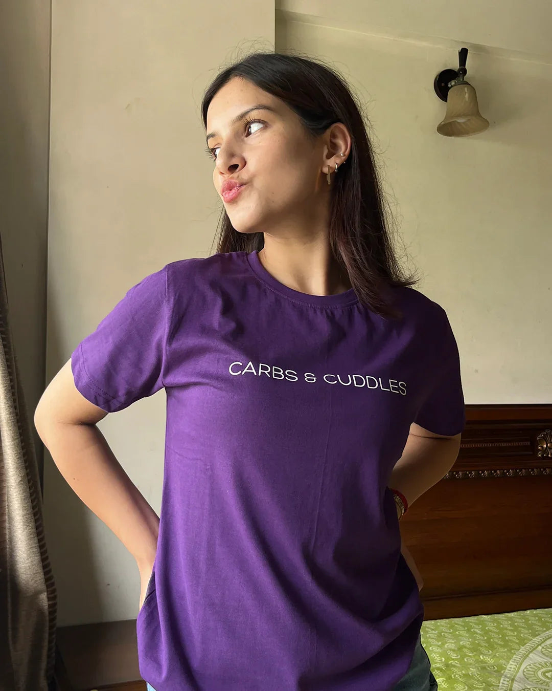 Purple Carbs & Cuddles T-Shirt - Shop Printed T shirt for Women Online In India | LoveDky