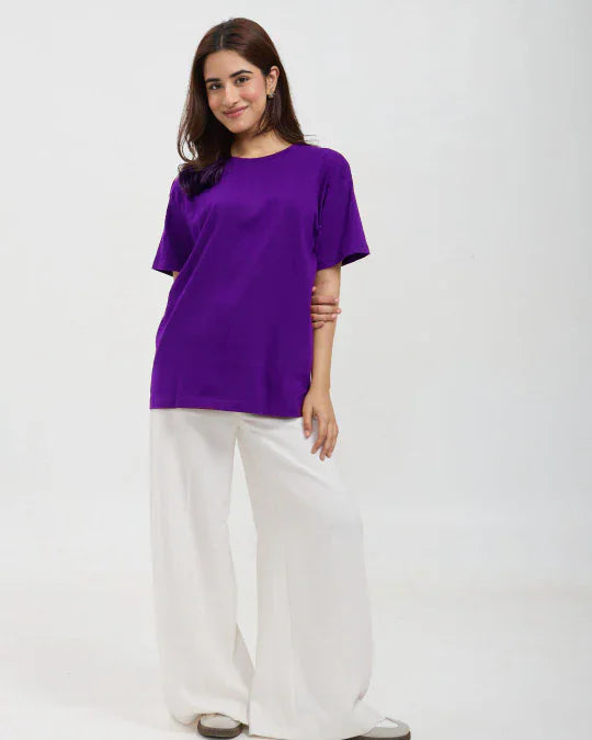 Purple Plain Oversized T-Shirt - oversized tee with plain design, worn by model in studio