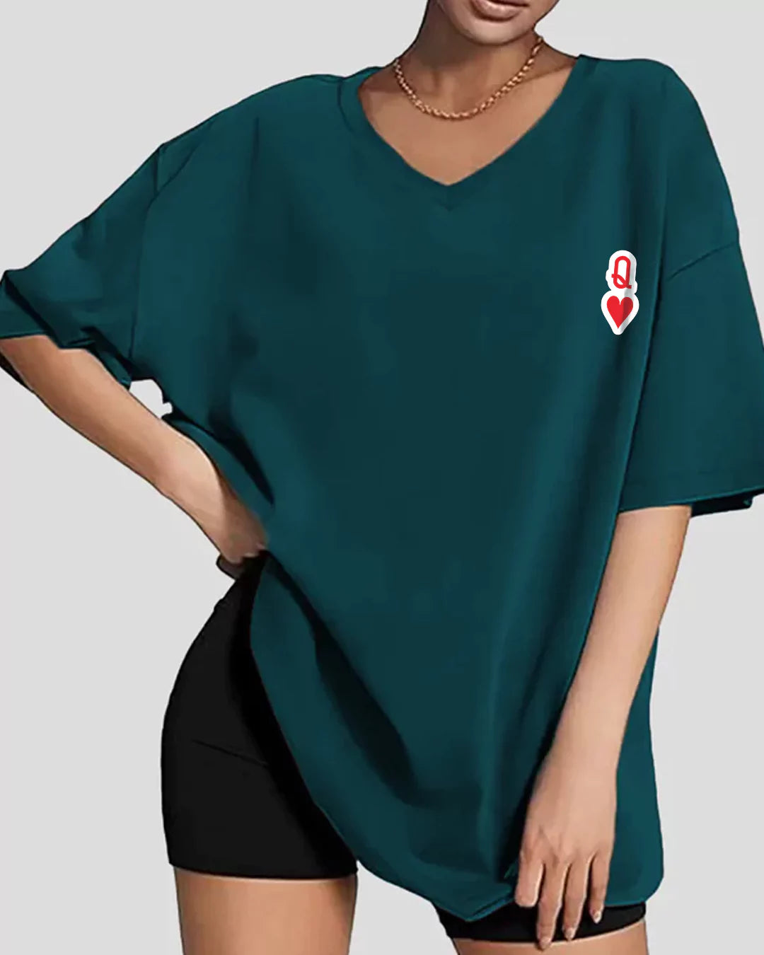 Q Heart Petrol Blue V-Neck Oversized T-Shirt