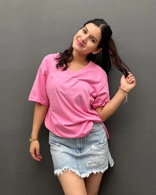 RB Baby Pink Plain V-Neck Oversize T-Shirt for Women Online In India | DKY