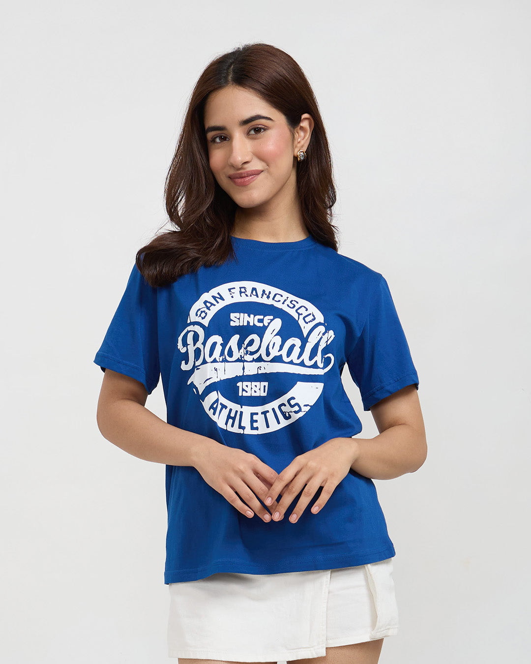 RB Baseball Oversized T-Shirt – blue oversized graphic tee with white circular baseball print, worn by model