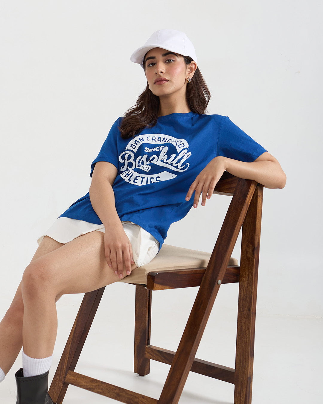 RB Baseball Oversized T-Shirt – royal blue graphic tee with white print, worn by model.