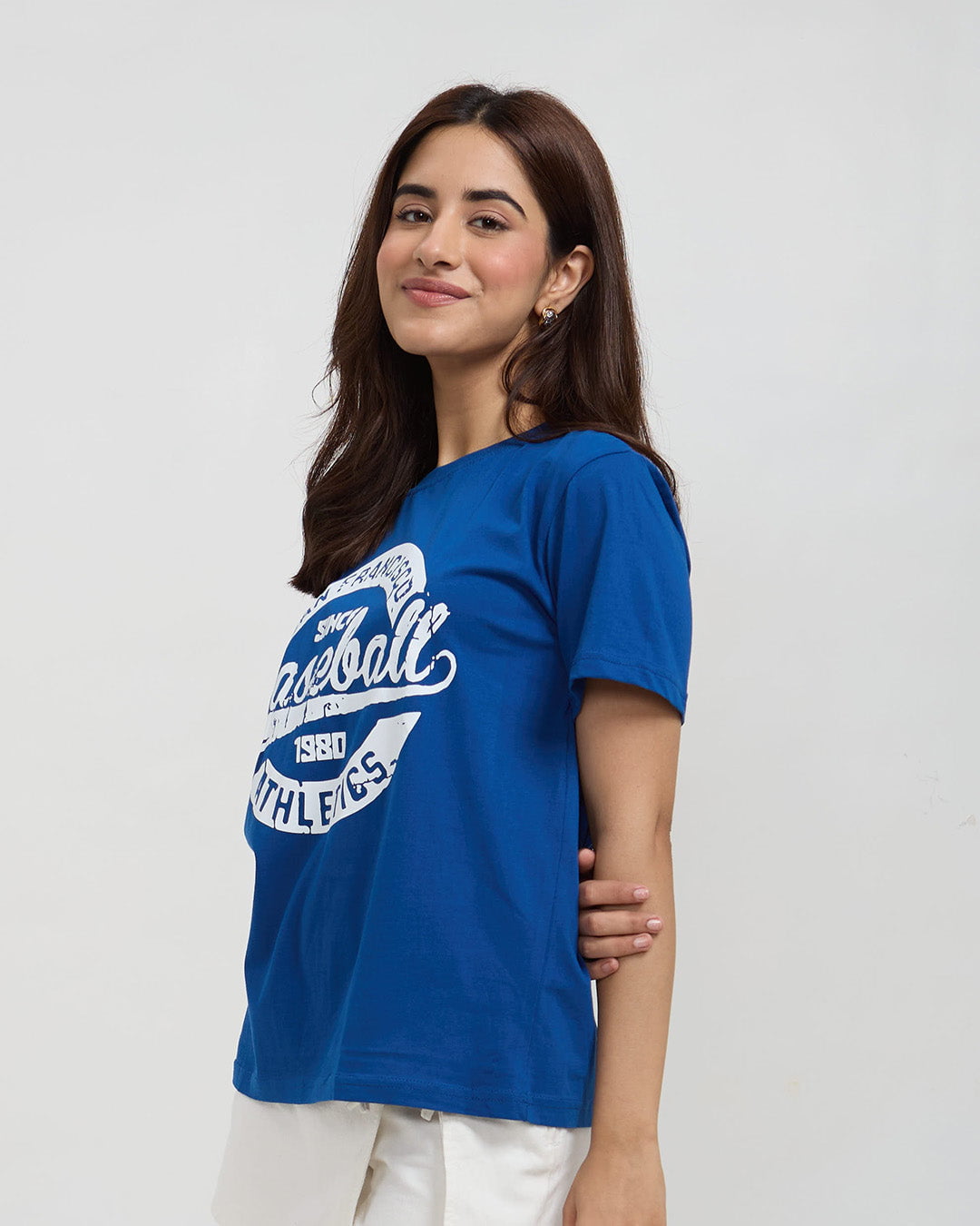 RB Baseball Oversized T-Shirt – blue oversized graphic tee with white print, worn by model