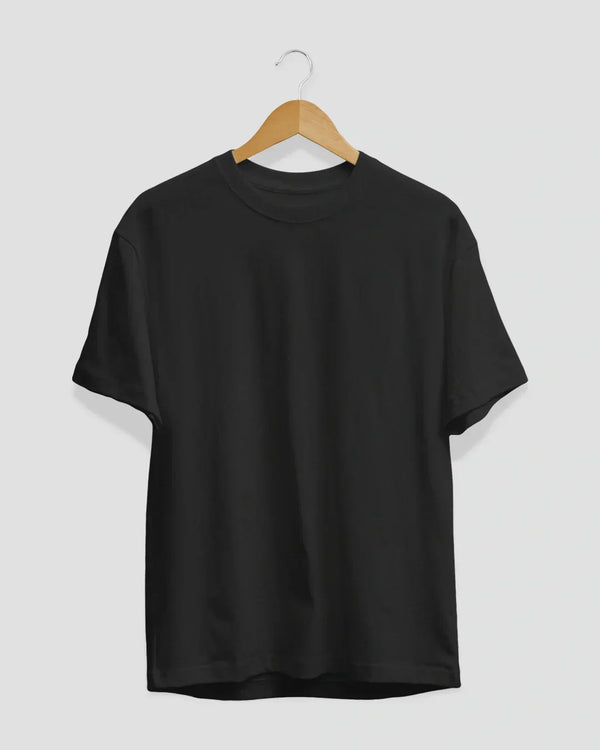 RB Black Plain T-Shirt - black regular tee with short sleeves and crew neck, displayed on a wooden hanger