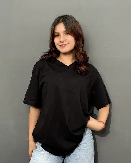 RB Black Plain V-Neck Oversize T-Shirt for Women Online In India | DKY