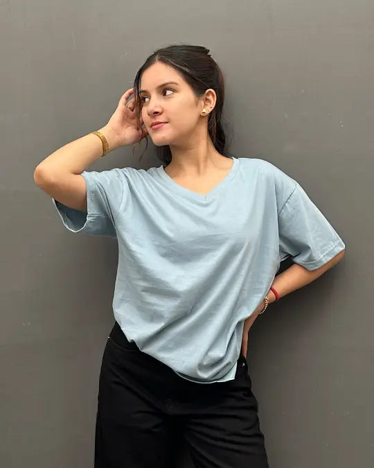 RB Cloudy Blue Plain V-Neck Oversize T-Shirt, OS tee in 100% pure fabric by Real Baysics