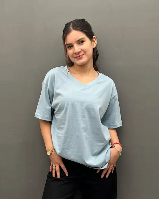 RB Cloudy Blue Plain V-Neck Oversize T-Shirt for Women Online In India | DKY