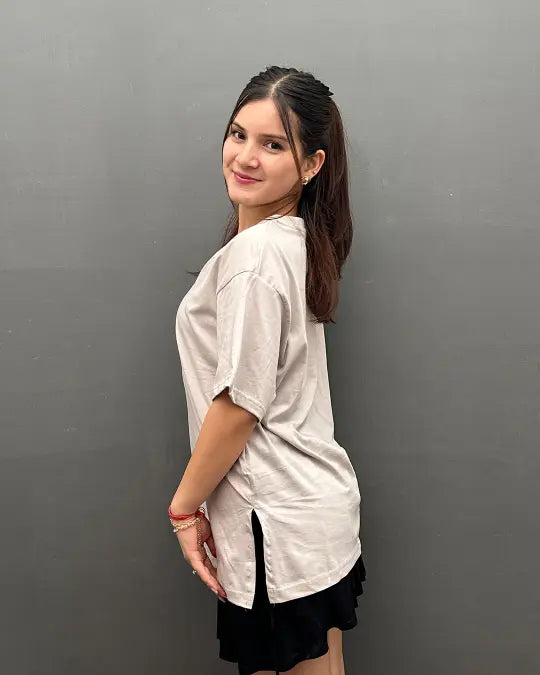 RB Cream Plain V-Neck Oversize T-Shirt; 100% pure fabric, oversized tee