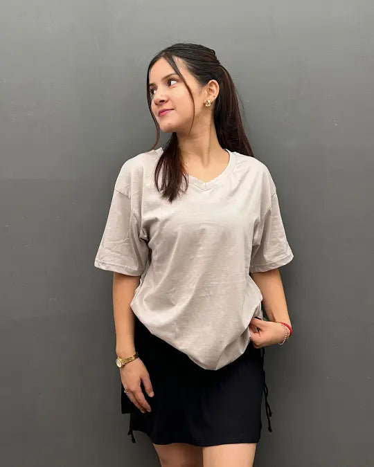 RB Cream Plain V-Neck Oversize T-Shirt by Real Baysics, 100% pure fabric