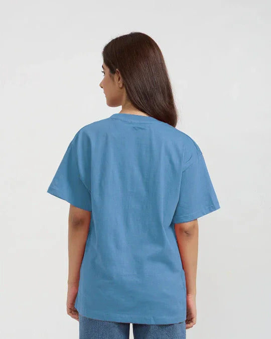 RB Dusky Blue Plain Oversized T-Shirt – dusky blue oversized basic t-shirt with plain design, worn by model
