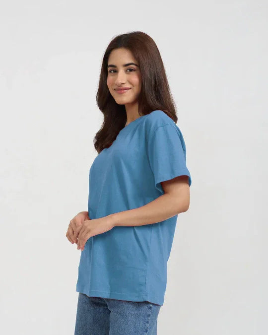 RB Dusky Blue Plain Oversized T-Shirt – dusky blue oversized basic t-shirt with plain design, worn by model