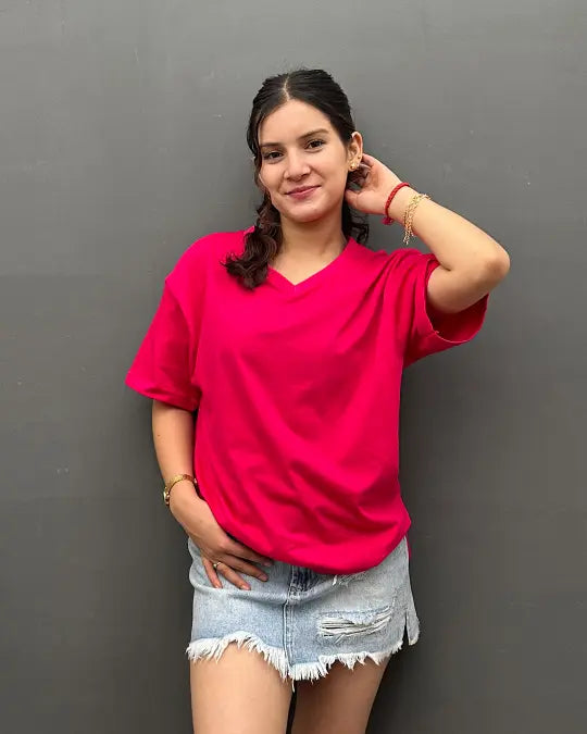 RB Hot Pink Plain V-Neck Oversize T-Shirt for Women Online In India | Dky