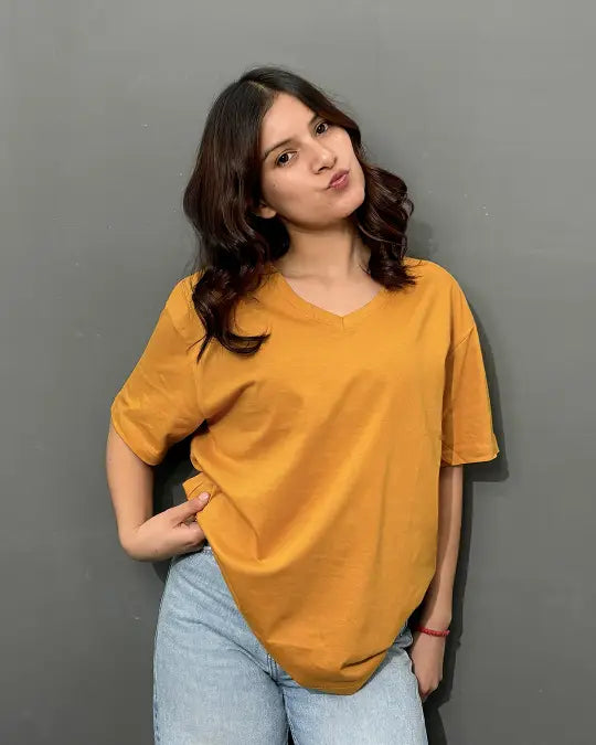 RB Mustard Plain V-Neck Oversize T-Shirt for Women Online In India | DKY