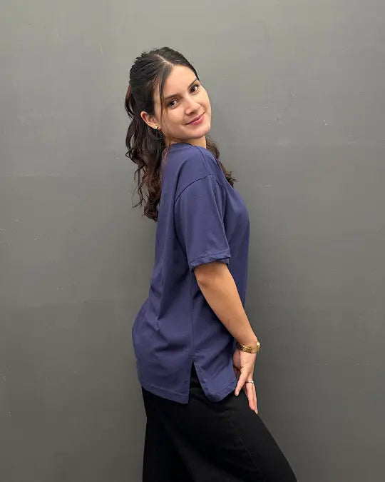 RB Navy Blue Plain V-Neck Oversize T-Shirt from Real Baysics; 100% Pure fabric.