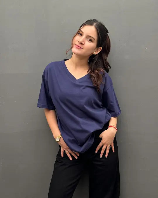 RB Navy Blue Plain V-Neck Oversize T-Shirt for Women Online In India | DKY