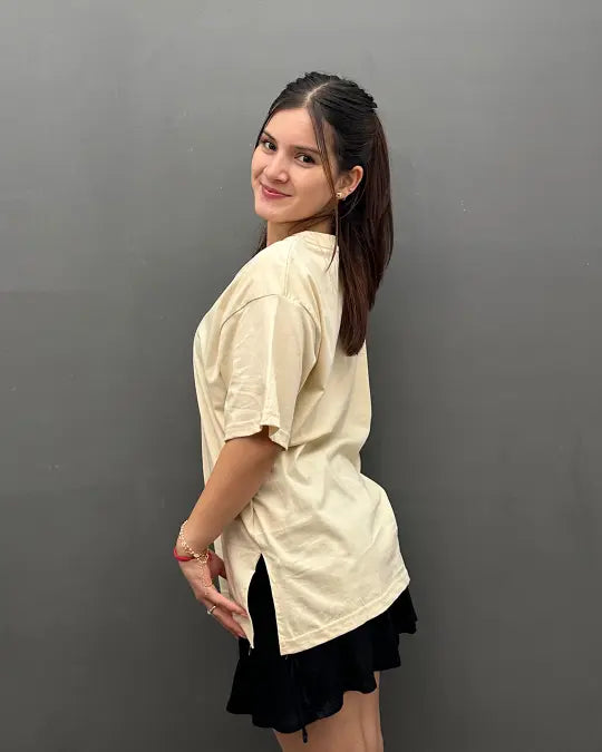 RB Off White Plain V-Neck Oversize T-Shirt - off-white oversized tee with side slits, worn by model