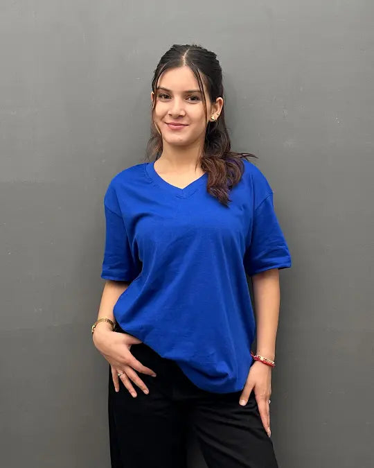 RB Royal Blue Plain V-Neck Oversize T-Shirt for Women Online In India | DKY